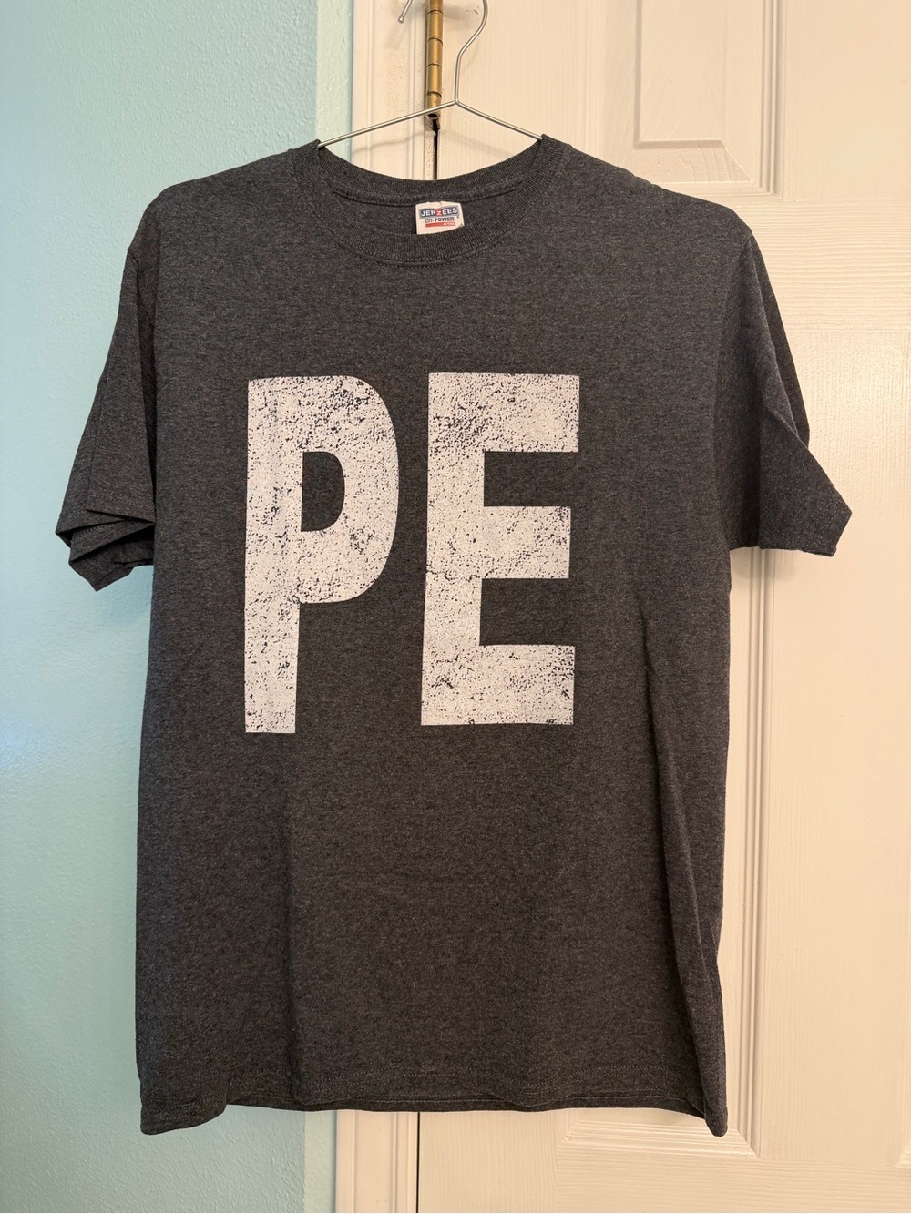 Jerzees Charcoal Gray T-Shirt with Distressed White PE Graphic
